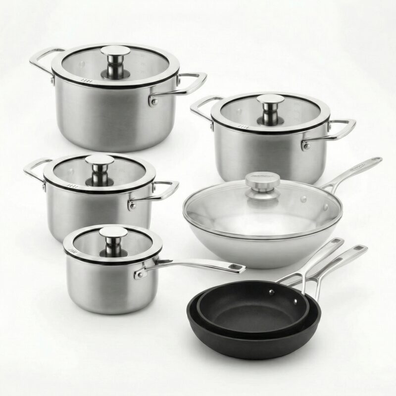 Create a high-quality studio product image of a COMPLETE cookware set, presented as ONE cohesive pannenset. Use ALL uploaded reference images. Every pan, lid, and item shown in the uploaded images MUST appear in the final image. Items may be separated, rotated, resized, or repositioned if needed, but nothing may be removed or replaced. Arrange the pans as a balanced, premium bundle: - Larger pans positioned slightly behind - Smaller pans and lids in front - Handles aligned neatly and naturally - Clear visual overview of the full set in one glance Style: - Clean, modern, premium cookware presentation - Subtle depth and soft studio shadows - No clutter, no props, no kitchen setting Background: - Pure white background (#FFFFFF) - No texture, no gradient, no horizon line Lighting: - Soft professional studio lighting - Even exposure, no harsh reflections - Materials (steel, aluminum, coating) clearly visible and realistic Composition: - Square format (1:1) - Centered composition - Product fills the frame nicely without cropping - No overlapping that hides important parts Important rules: - Do NOT add extra items - Do NOT remove any uploaded items - Do NOT merge pans into unrealistic shapes - Do NOT add text, labels, logos, badges or watermarks - Do NOT change the design or proportions of the pans The final result must look like a high-end webshop hero image for a bundled pannenset.